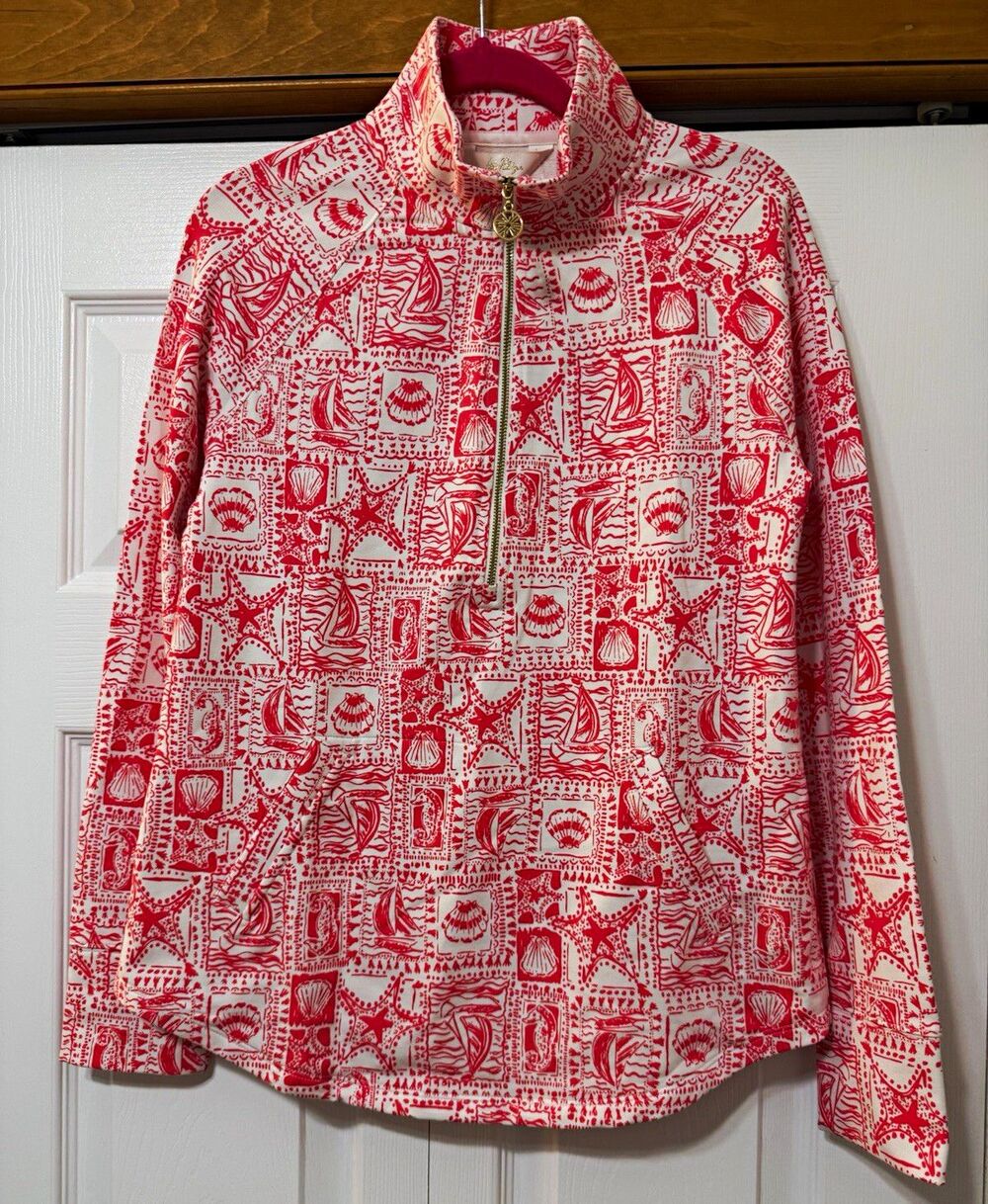 Lilly Pulitzer UPF 50+ 1/2 Zip Mock Neck Pullover Pockets Pink/White XS